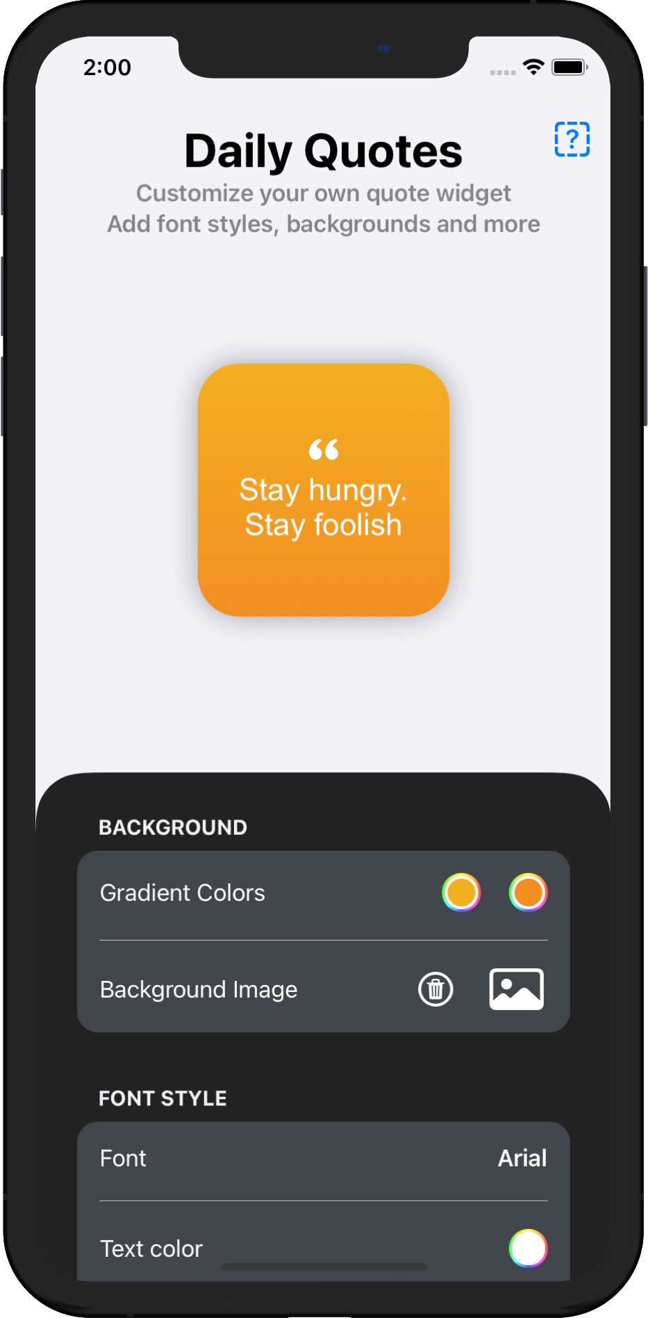 Hãy trải nghiệm mẫu ứng dụng widget iOS 14 với Widget trích dẫn. Đặc biệt bạn sẽ cảm nhận hết vẻ đẹp của Xcode background gradient, tạo ra nên những hình nền độc đáo và thu hút.